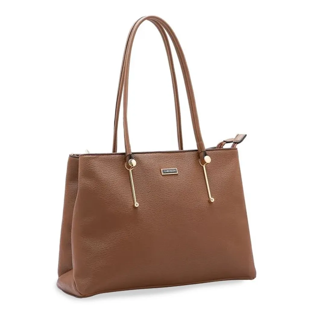 Bolsa feminina Chenson Tresse marrom em PU com ferragem dourada delicada e alças longas para uso no ombro